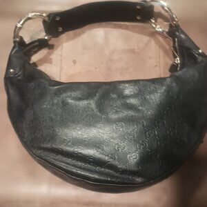 GUCCI Black Monogram Embossed Leather Gold Bamboo Handle Hobo Handbag